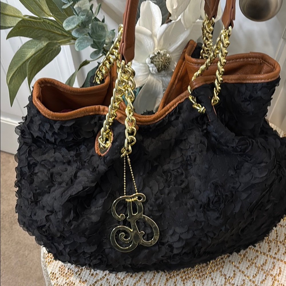 Betsey Johnson Black and Gold Plush Shoulder Bag